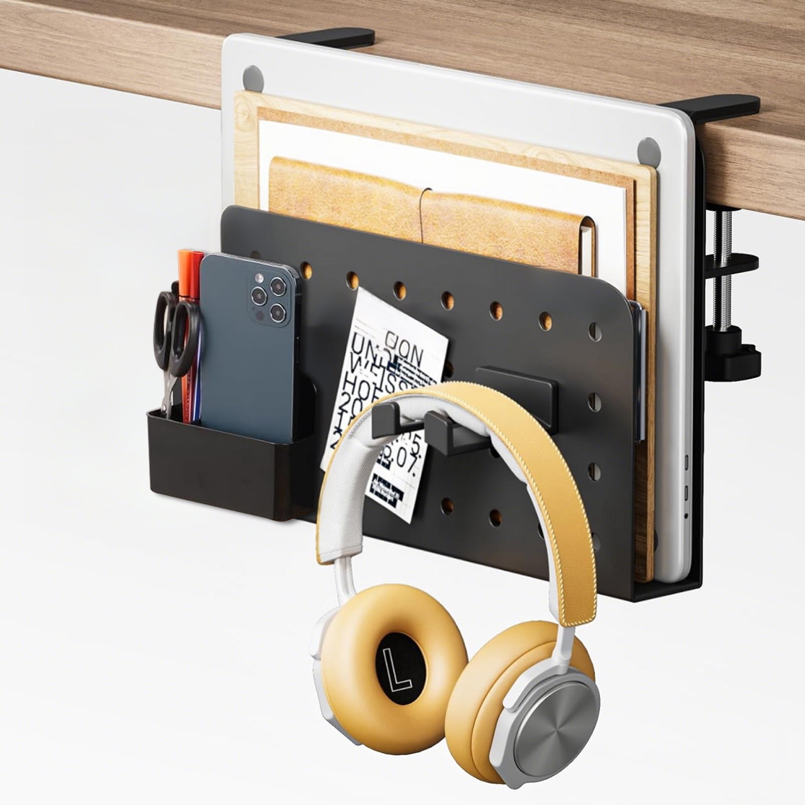 Desk Side Storage Organizer, No Drill Under Desk Laptop Holder, Clamp on Desks Shelf with Pegboard Accessories, Hanging Laptop Mount, Fits Flat Edge 0.4" to 2.2", Black
