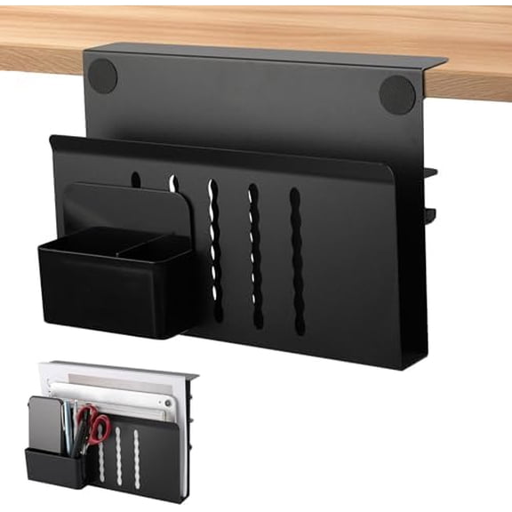 Desk Side Storage with Pen Holder, No Drill Hanging Desk Organizer Under Desk Storage Mount, Clamp-On Laptop Holder Table Side Tray Desktop Organization for Office and Home (Black)