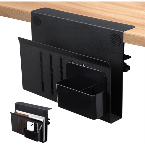 Desk Side Storage, Steel Side Desk Organizer, No Drill Laptop Holder, Clamp on Laptop Mount with Pen Holder, Table Hanging Storage for Home Office, Fits Flat Edge Tables 0.3 to 2.8