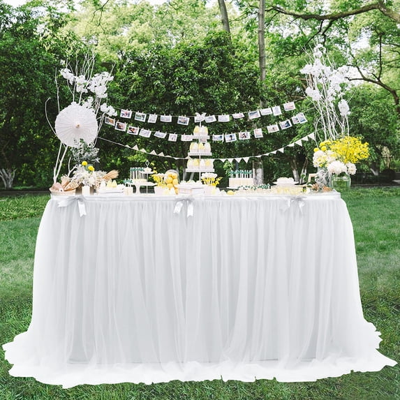 Desk Skirt,Bow Embellished Layered Tulle Table Skirts,Washable Reusable Tulle Table Cover,Floor‑Length Tutu Style Table Skirting,Elegant Decorative Desk Cloth for Wedding,Birthday Party