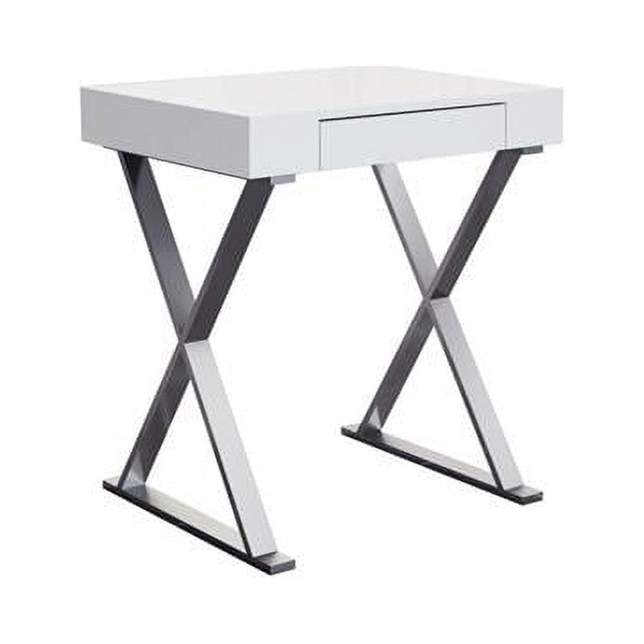 Desk Small High Gloss White One Drawer Stainless Steel Base