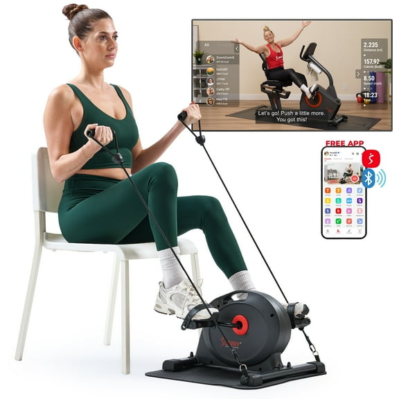 Under Desk Smart Mini Pedal Exerciser, Low Profile Exercise Cycle Bike and Mat/Workout Bands w Free SunnyFit App SF-B0418SMART by Sunny Health & Fitness