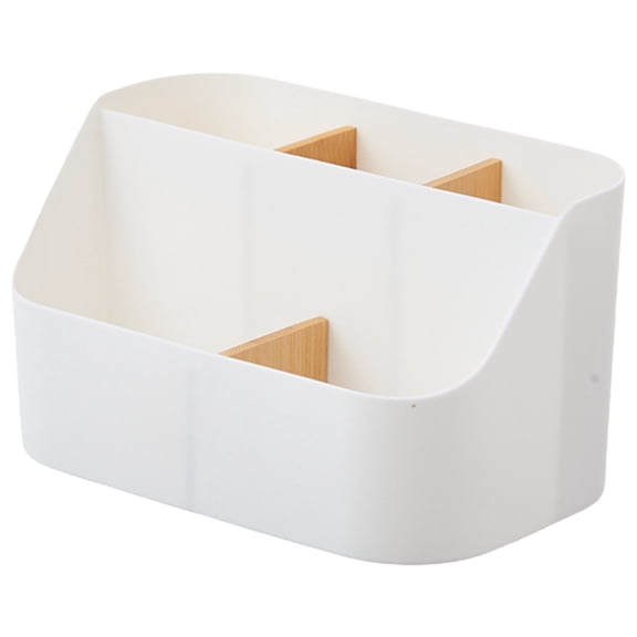 Desk Storage Box, Divided Plastic Desktop Organizer,Pencil Holder,Detachable Pen Holder, Remote Control Holder,Desk Side Organizer with Wooden Partition,for Office, Home,7.48''x4.57''x4.17''(White)