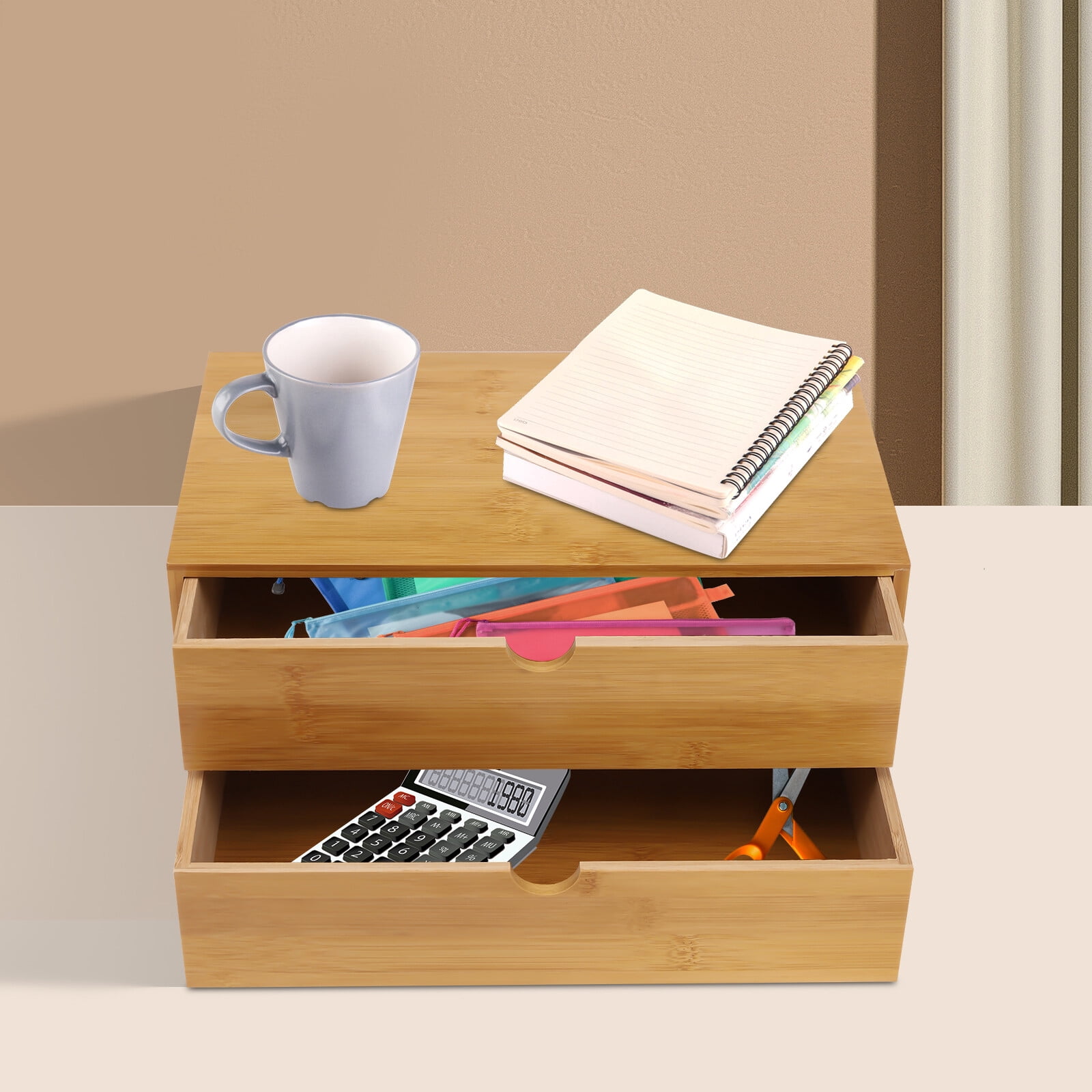Desk Storage Box, Mini Bamboo Drawer Organizer with Curved Groove Handle for Office, Home