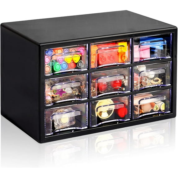 Desk Storage Organizer with 9 Drawers, Stackable Desktop Craft Drawer Cabinet, Clear Storage Box Caddy for Makeup Jewelry Office Craft Supplies (9.84×6.3×5.9in) (Black)