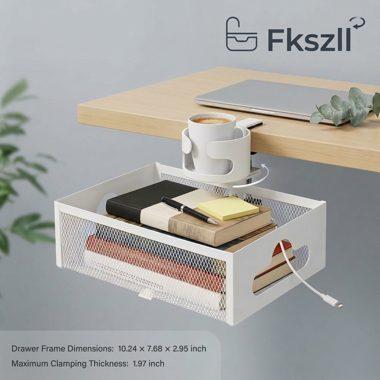 Under Desk Storage Organizer with Cup Holder, 360° Rotating Mesh Desk Drawer with Cable Hole, No Drill Clamp On for Office Supplies Coffee Mug Headphone and Phone, White