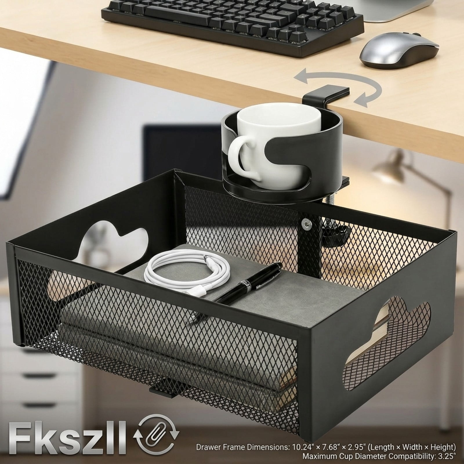 Under Desk Storage Organizer with Cup Holder, 360° Rotating Mesh Desk Drawer with Cable Hole, No Drill Clamp On for Office Supplies Coffee Mug Headphone and Phone, Black