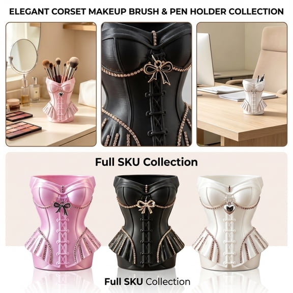 Desk Storage Organizer, Makeup Organizer for Vanity, Pen Holder for Desk Cute, Makeup Storage Organizer, Black Gold Corset Style 3D Printed Desk Pen Organizer, 4.5X4 Inch