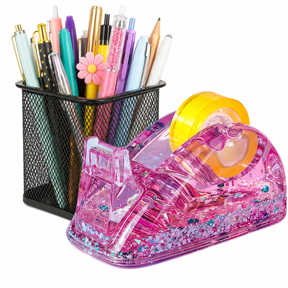 Desk Tape Dispenser,Clear Acrylic Glitter Tape Dispenser Desk,Non Slip