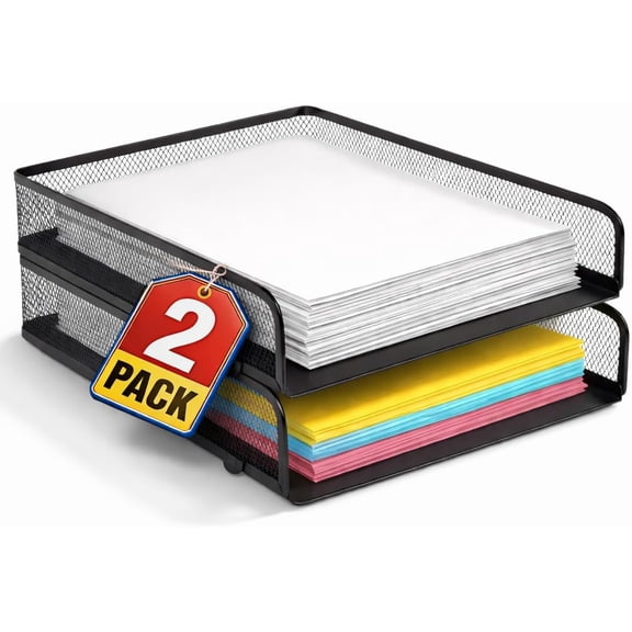 Desk Trays Stackable Letter Tray, Matte Black Wire Mesh Front-Load Paper Tray Organizer, (2 Pack)