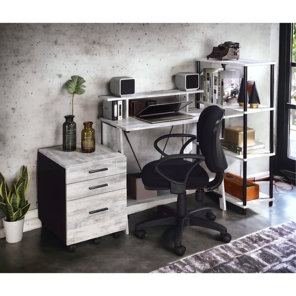 Desk In White And Black Hue - Rectangular Design With Storage Metal Base Ports For Modern Look Antique & Finish Study Spaces Stable Crossbar Practical Drawers Organization