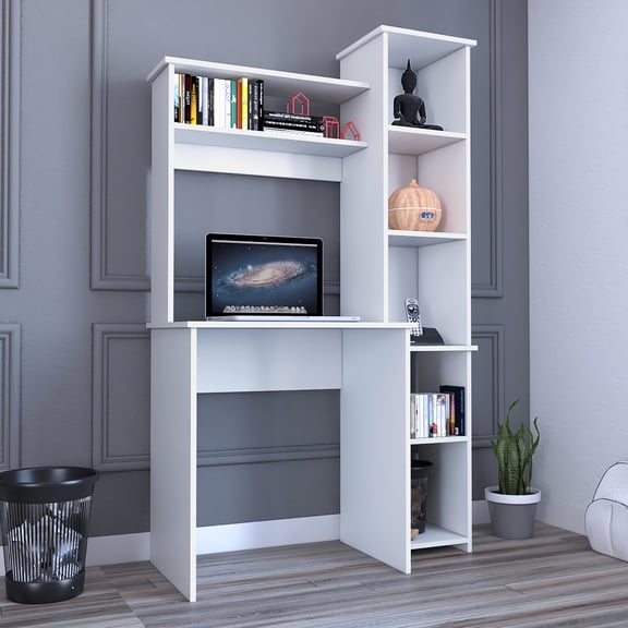 Desk , White Finish - Five With Left Shelf Storage, Accommodates Large Accessories, Quality Construction Compartment And Open Shelves Fine Particle Board Material