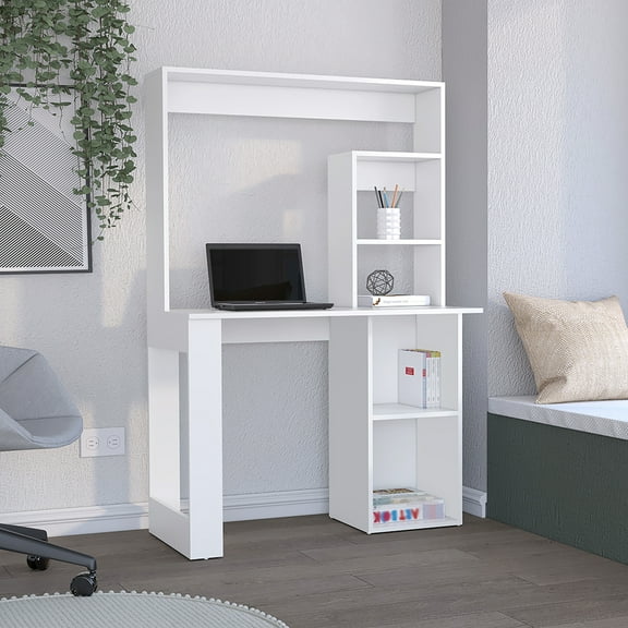 Desk, White Finish - Generous Work Area And Durability Desk : Practical Functional With Spacious Shelves
