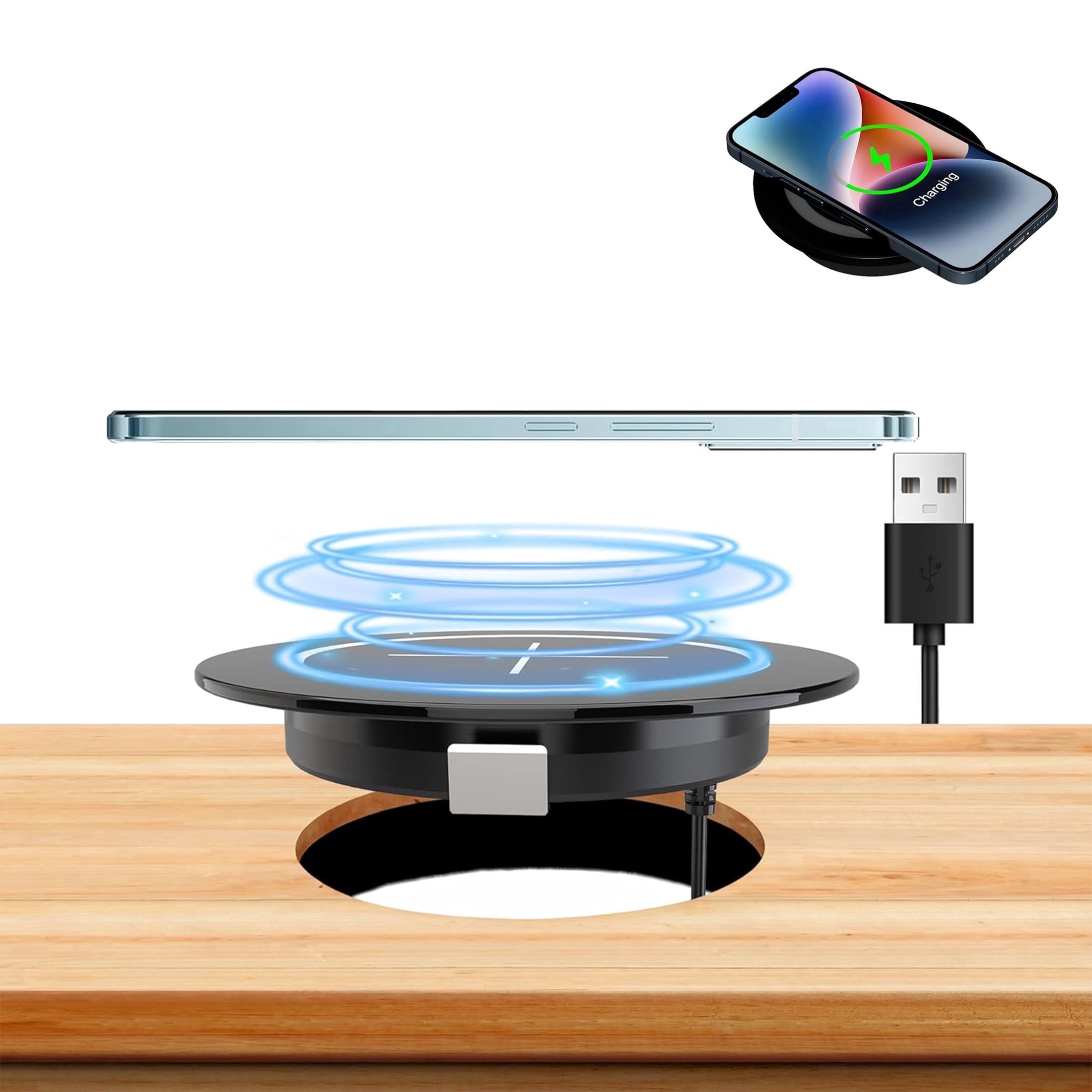 Flush Mount Wireless Charging Pad, 15W Fast Qi Charger for Desk Hole Installation – Built-in Wireless Charger Station for Office Desk, Nightstand, Workbench – Compatible with iPhone, Samsung (Black)