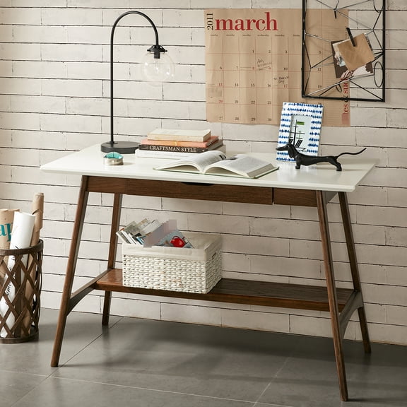 Desk With Pecan Wood Construction And Stylish White Shelf Desk: Pecan Base Pure Top, Comes Lower For Extra Storage, Assembly Required