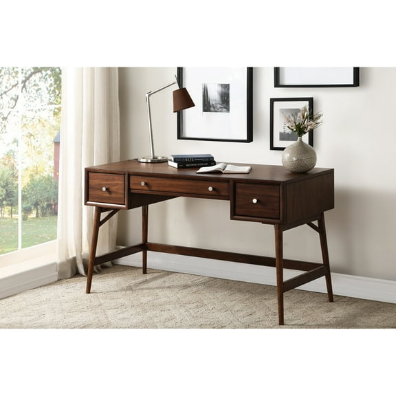 Desk With Storage Options And Polished Nickel Knob Details Contemporary Writing In Brown Walnut Veneer Accents