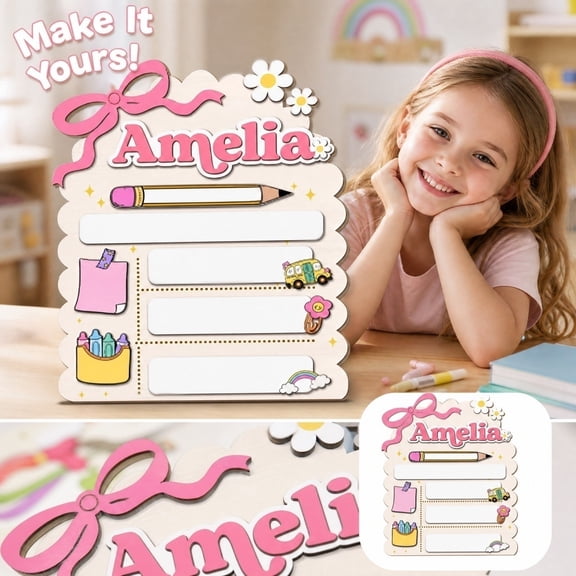 Desk Wooden Sign, Custom Desk Name Plate, Personalized of School Sign, Back to School Board Sign, 13X10 Inch Diy Writable Wooden Message Plaque with Pink Bow, Daisy, Rainbow and