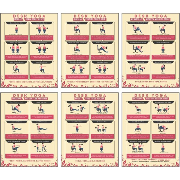 Desk Yoga 7-Day Seated Stretching Routine  Chair Yoga Workout Charts, Office Exercise Program for Neck, Shoulders & Back, Daily Mobility & Stretch Guide for Home or Work