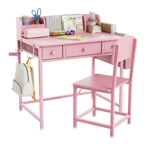 Desk and Chair Set - Study Table with Storage & Drawers, Homework Desk for Boys & Girls Ages 5-12 - Raw Wood Top + Iron Frame