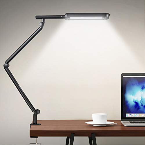 Desk lamp with clamp, Wellwerks 15W Super light Swing arm lamp, Eye-Caring LED clamp lamp, Timer, Memory, Adjustable Color Temperature clamp light, Modern Architect Table Lamp for Task/ Study/ Reading