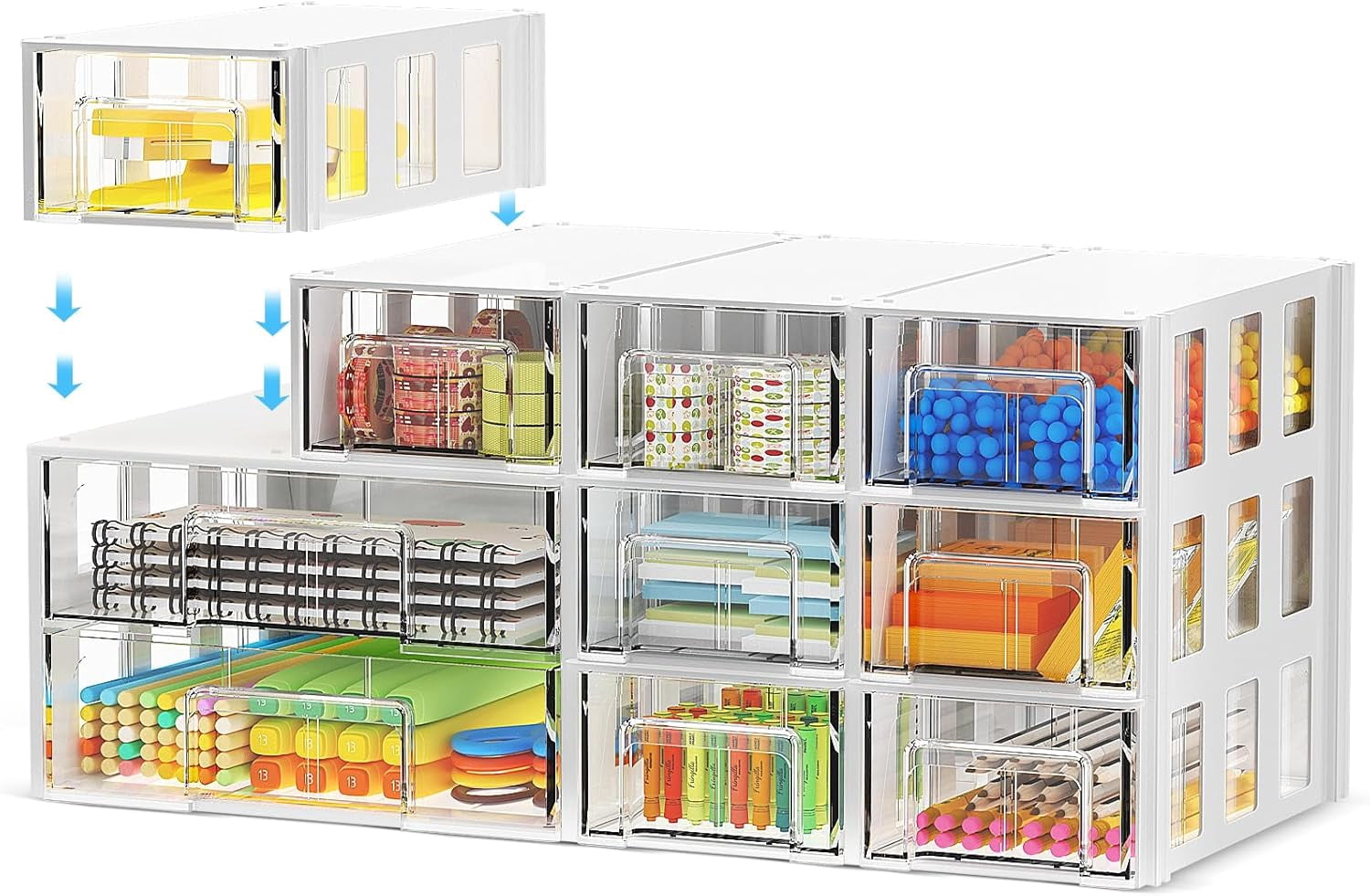 Desk organizer and accessories with 10 clear drawers,Office desk accessories storage,Makeup organizer,Modular Desktop organizer with drawers for Cosmetics,Office,Medicine,Jewelry,Craft (10pc)