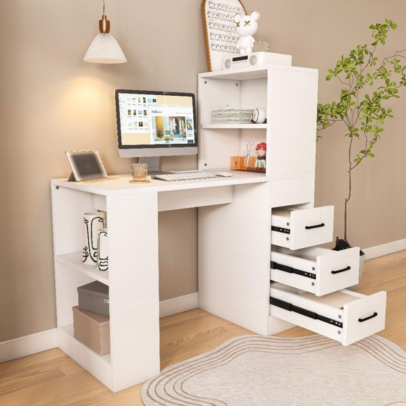 Desk with 4-in-1 Socket, 3 Slide Drawers & 4 Storage, Crafted with 15mm Thick Density Board for Home Use