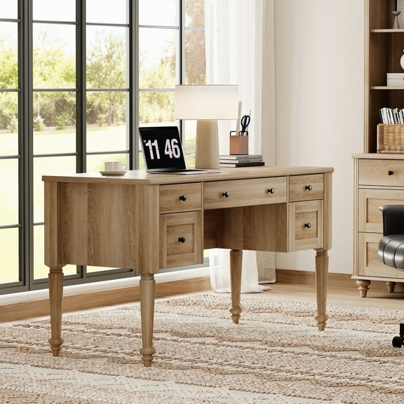 WAMAPT Farmhouse Executive Desk with 5 Drawers, Home Office Desk with Charging Station, Wooden Computer Desk with File Cabinet Storage, Open Shelf for Work and Study, Oak, 56 inch