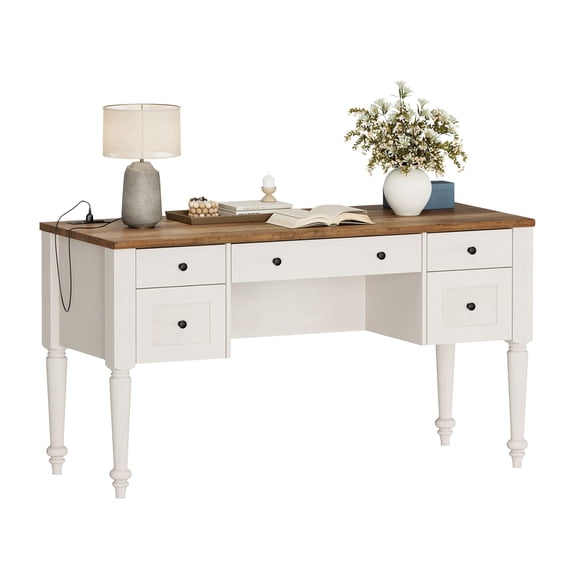 WAMAPT Farmhouse Executive Desk with 5 Drawers, Home Office Desk with Charging Station, Wooden Computer Desk with File Cabinet Storage, Door, Open Shelf for Work and Study, White, 56 inch