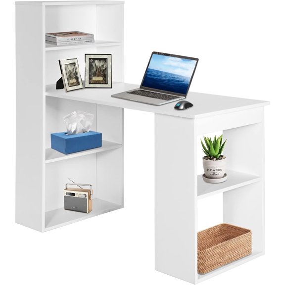 Desk with Bookcase, 48" Modern Writing Table Desk with Storage Shelves and CPU Stand, Reversible Study Workstation for Office Bedroom (White)
