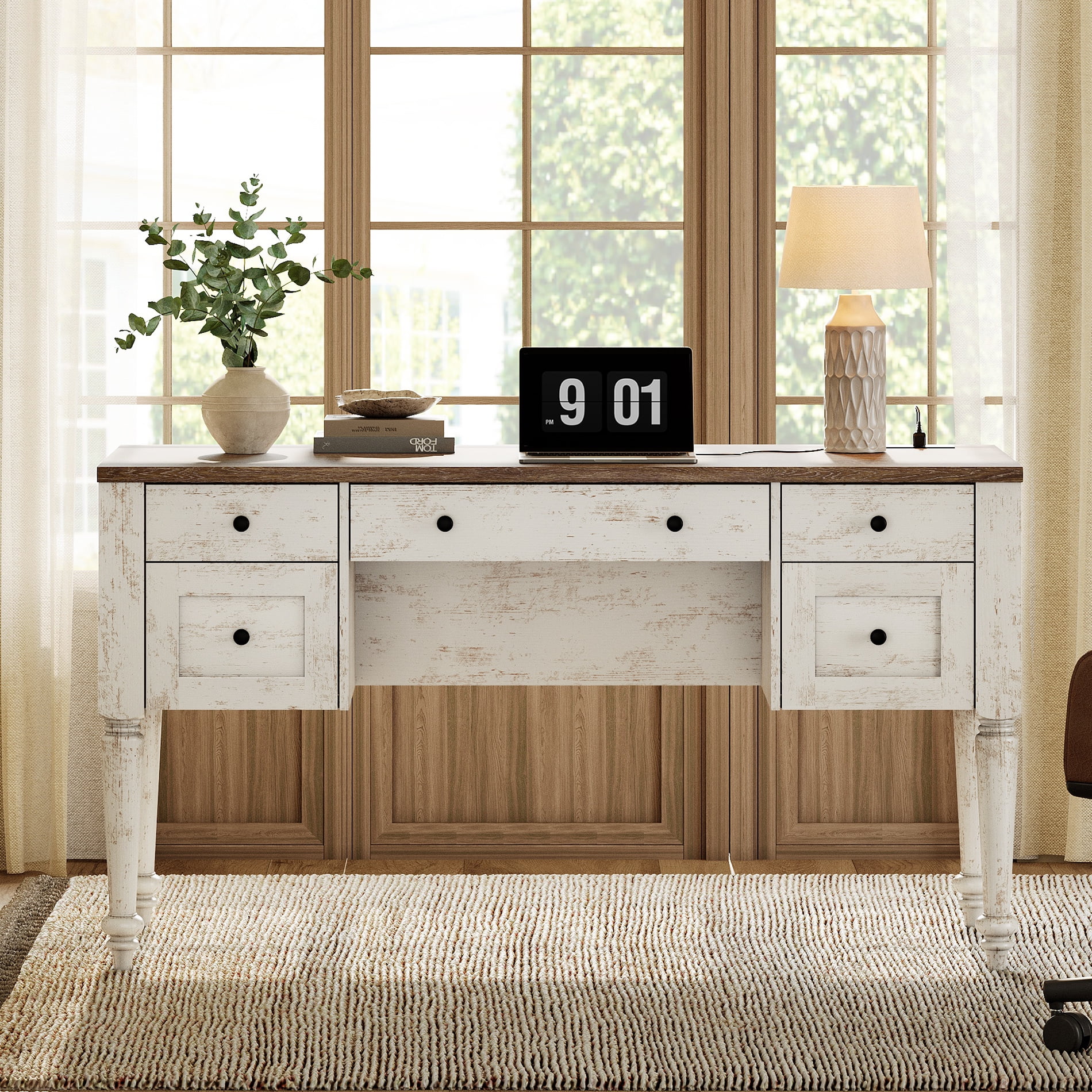 WAMAPT Farmhouse Executive Desk with 5 Drawers, Home Office Desk with Charging Station, Wooden Computer Desk with File Cabinet Storage, Door, Open Shelf for Work and Study, Rustic White, 55 inch