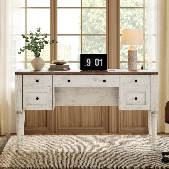 WAMAPT Farmhouse Executive Desk with 5 Drawers, Home Office Desk with Charging Station, Wooden Computer Desk with File Cabinet Storage, Door, Open Shelf for Work and Study, Rustic White, 55 inch