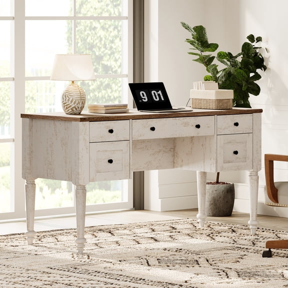 WAMAPT Farmhouse Executive Desk with 5 Drawers, Home Office Desk with Charging Station, Wooden Computer Desk with File Cabinet Storage, Door, Open Shelf for Work and Study, Rustic White, 55 inch