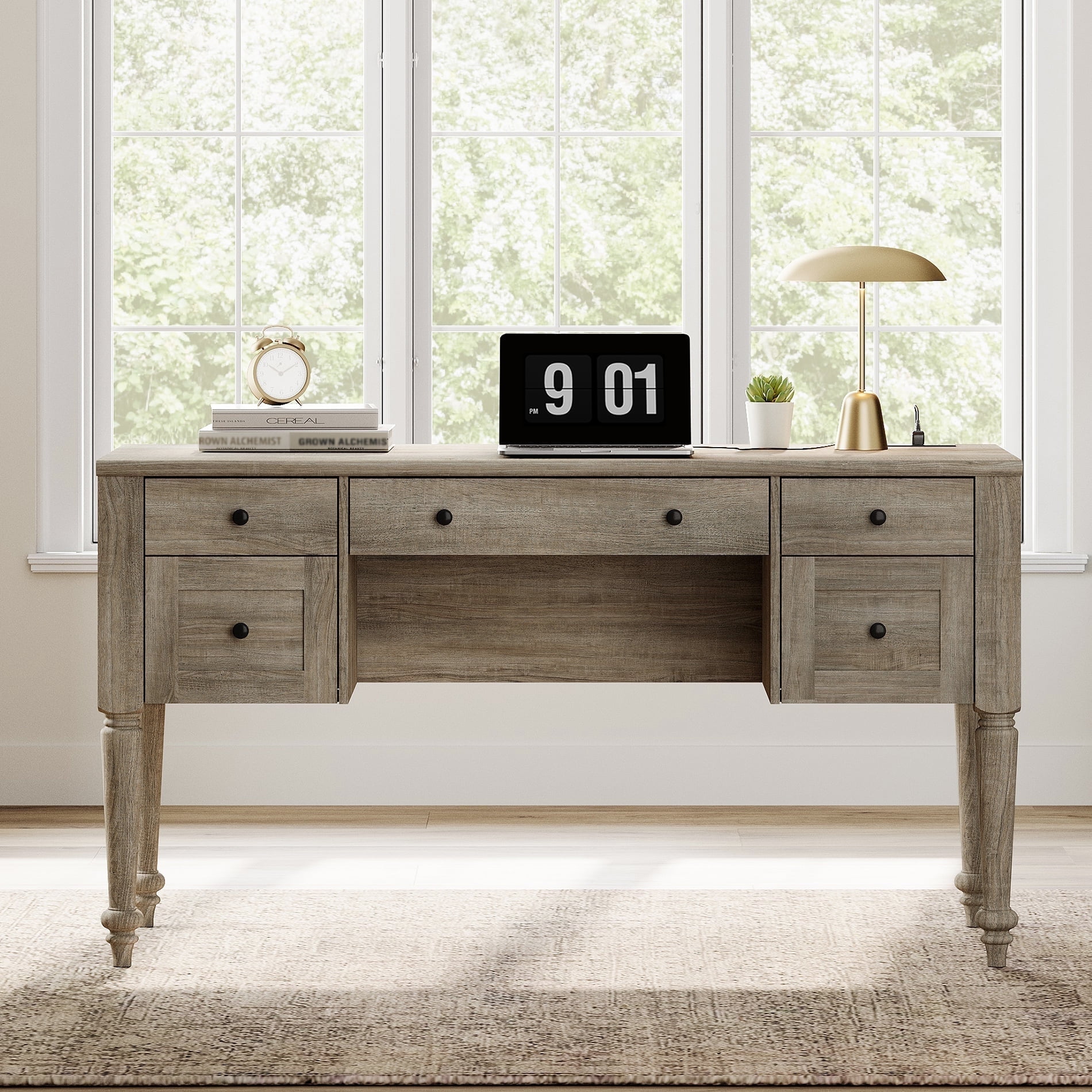 WAMAPT Farmhouse Executive Desk with 5 Drawers, Home Office Desk with Charging Station, Wooden Computer Desk with File Cabinet Storage, Door, Open Shelf for Work and Study, Wash Grey, 55 inch