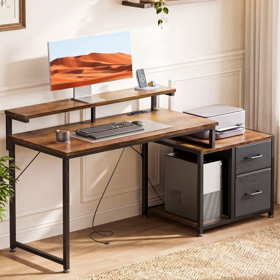 Casacomoda 55 Inch Computer Desk with Drawers & Printer Shelf, Reversible Office Desk with Charging Station, Monitor Stand and CPU Stand, Vintage and Black