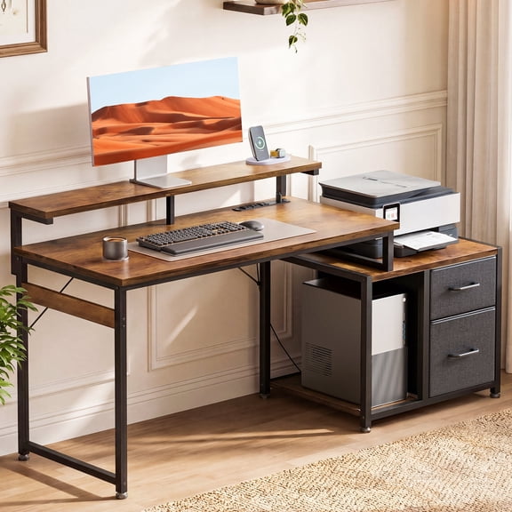 Casacomoda 55 Inch Computer Desk with Drawers & Printer Shelf, Reversible Office Desk with Charging Station, Monitor Stand and CPU Stand, Vintage and Black