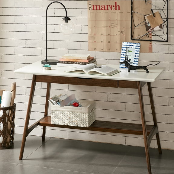 Desk with white top pecan base / Lower storage for personal workspace