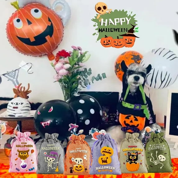 DeskAKBK 10 PCS Drawstring Candy Bags 10x14cm Set of 6 Halloween Pumpkin Patterns Natural Linen Fabric Trick or Treat Party Favors Storage