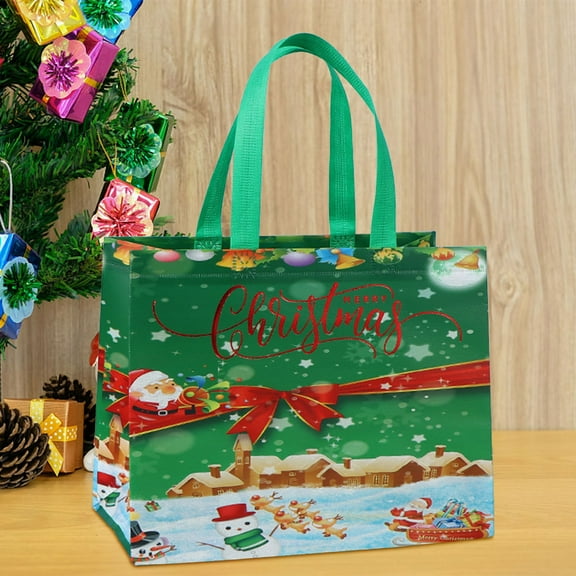 DeskAKBK 5-Pack Portable Folding Christmas Gift Bag, Coated Non-Woven Reusable Gift Packaging, Festive Holiday Tote with Handles, 13x10x7 Inches