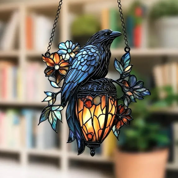 DeskAKBK Gothic Crow Suncatcher Hanging Ornament Stained Glass Window Decor, Handmade Halloween Sun Catcher with Lantern Design, Reflective Blue Black White Art for Home