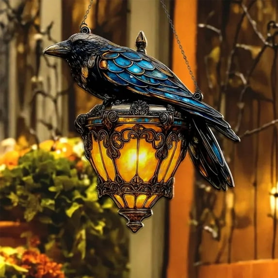 DeskAKBK Gothic Crow Suncatcher Hanging Ornament Stained Glass Window Decor, Handmade Halloween Sun Catcher with Lantern Design, Reflective Blue Black White Art for Home
