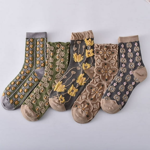DeskAKBK® Womens Floral Cotton Socks, 5 Pairs Vintage Embroidered Floral Socks, Warm Vintage Floral Socks For Winter Vintage Court Embossed Socks Girls Middle Tube