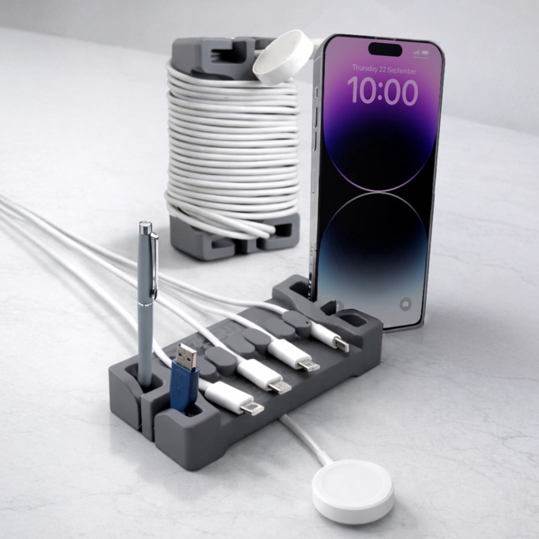 DeskBrick Silicone + Steel-Weighted Cord Holder for Desk. Weighted Cord Organizer & Cable Management for Desktop. Useful Phone Accessory & Cable Holder for Office, Home. No Adhesive. Gray