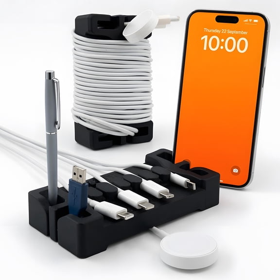 DeskBrick Silicone + Steel-Weighted Cord Holder for Desk. Weighted Cord Organizer & Cable Management for Desktop. Useful Phone Accessory & Cable Holder for Office, Home. No Adhesive. Black