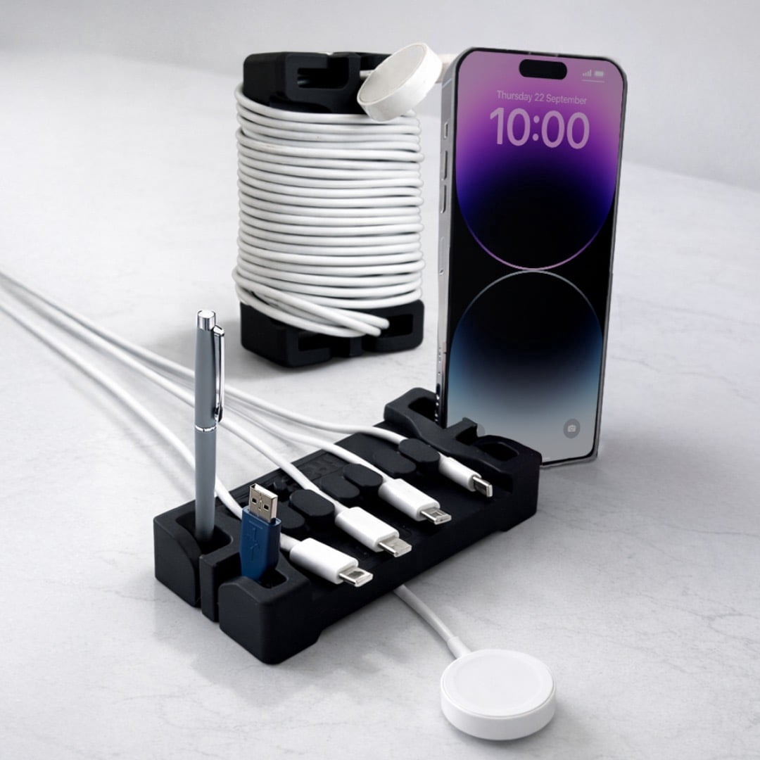 DeskBrick Silicone + Steel-Weighted Cord Holder for Desk. Weighted Cord Organizer & Cable Management for Desktop. Useful Phone Accessory & Cable Holder for Office, Home. No Adhesive. Black