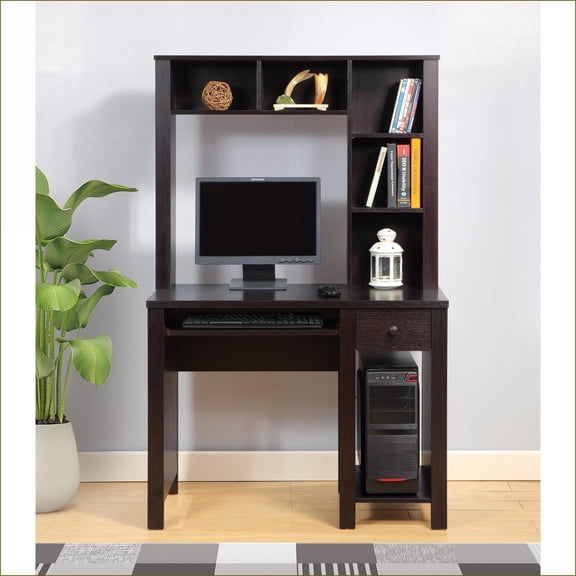 Desks 39”W Compact Home Office Student Desk with Hutch | Keyboard & Storage Drawer | Espresso | Particle Board+MDF