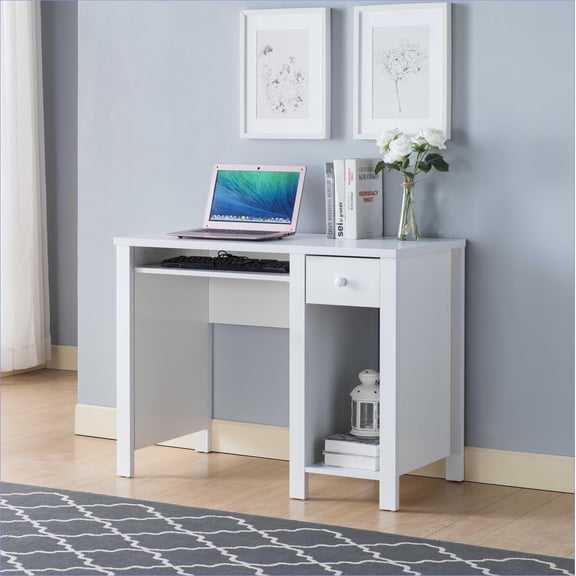 Desks 39"W Compact Home Office Writing Desk with Keyboard Drawer, Drawer & Shelf | White | Particle Board+MDF