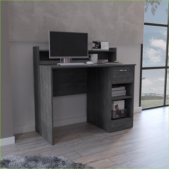 Desks: 40.16W Computer Desk with Top Open Shelf, 1 Drawer & 2 Storage, Smokey Oak | Particle Board | Gray