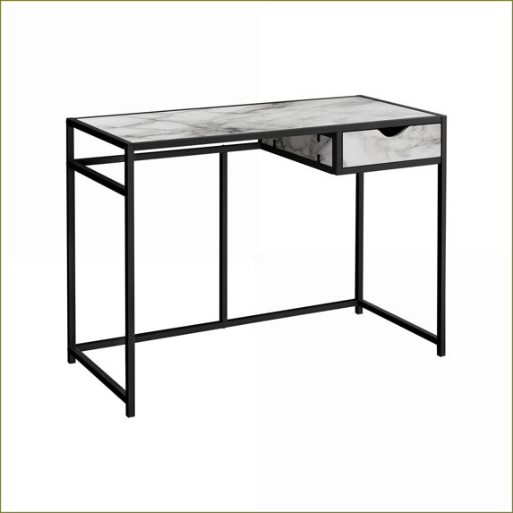 Desks, 42” Modern Computer Desk with Storage Drawer, White Marble-Look & Black Metal | White | MDF