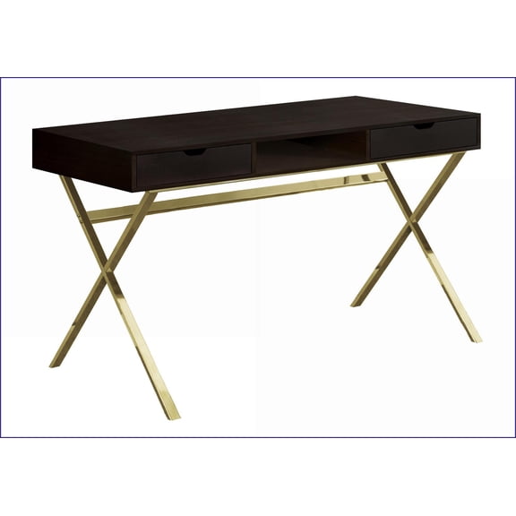 Desks, 47 Home Office Computer Desk with Storage Drawers & Shelf, Modern Gold Metal Base, Dark Brown | Espresso | Particle Board