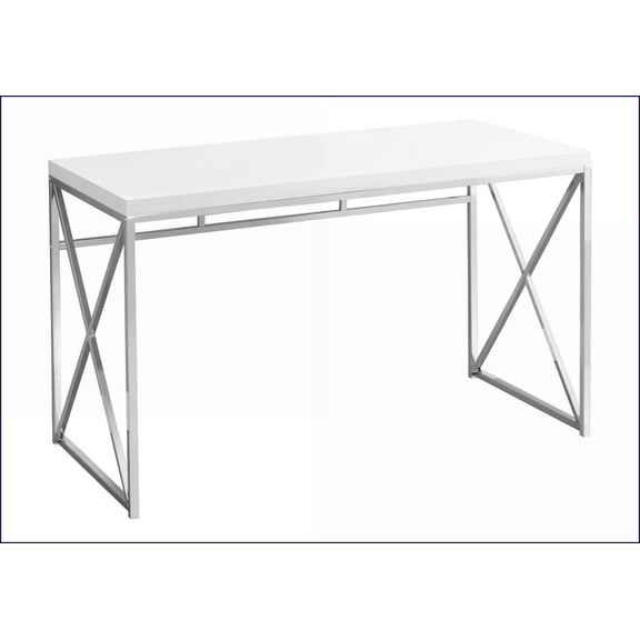 Desks, Modern Contemporary Home Office Computer Desk with Glossy White Laminate Top & Chrome X-Base, 47in W | White | MDF
